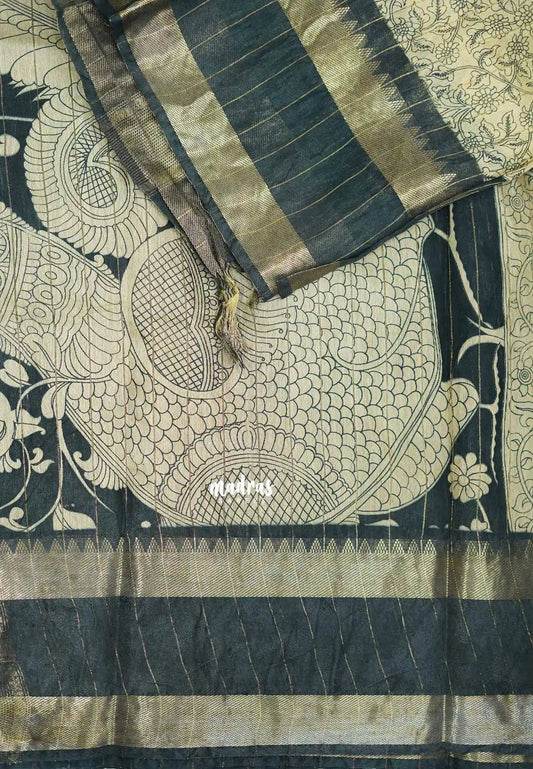 Mangalgiri semi pattu pen kalamkari body with getti rettapet border  - Blackish green