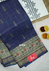 Mangalgiri semi pattu checks weaving body madhubani border - Blue