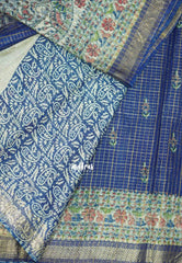 Mangalgiri semi pattu checks weaving body madhubani border - Blue