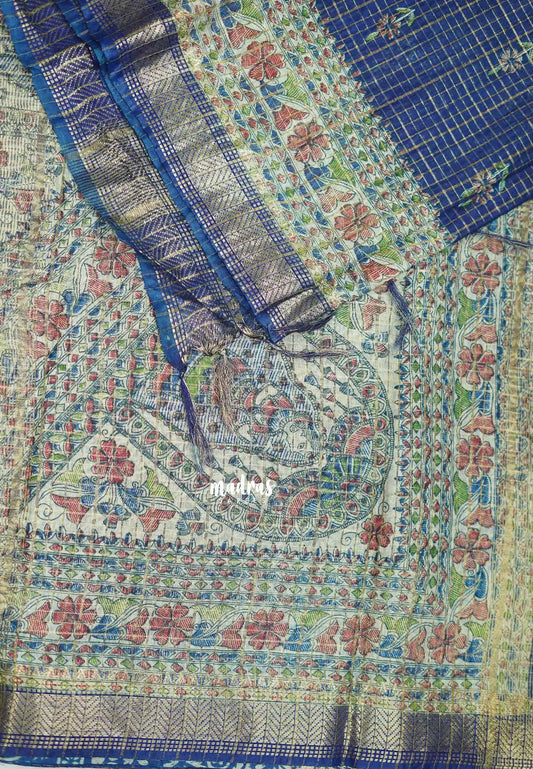 Mangalgiri semi pattu checks weaving body madhubani border - Blue