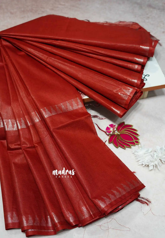 Dark Red - Mangalgiri semi pattu plain body with small temple border