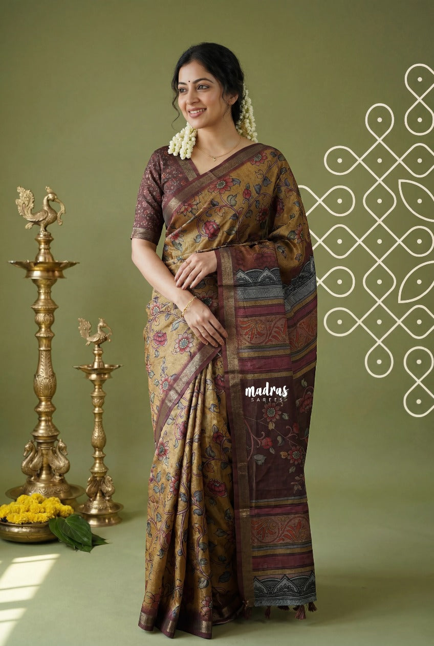 Mustard Brown - Ananya - Soft Mangalore Silk Saree Metallic Shades with Kalamkari Prints - Perfect for Office Wear | Casual Wear