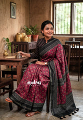 Mild Rosewood Maroon - Ananya - Soft Mangalore Silk Saree with Bagru Prints - Best for Office Wear