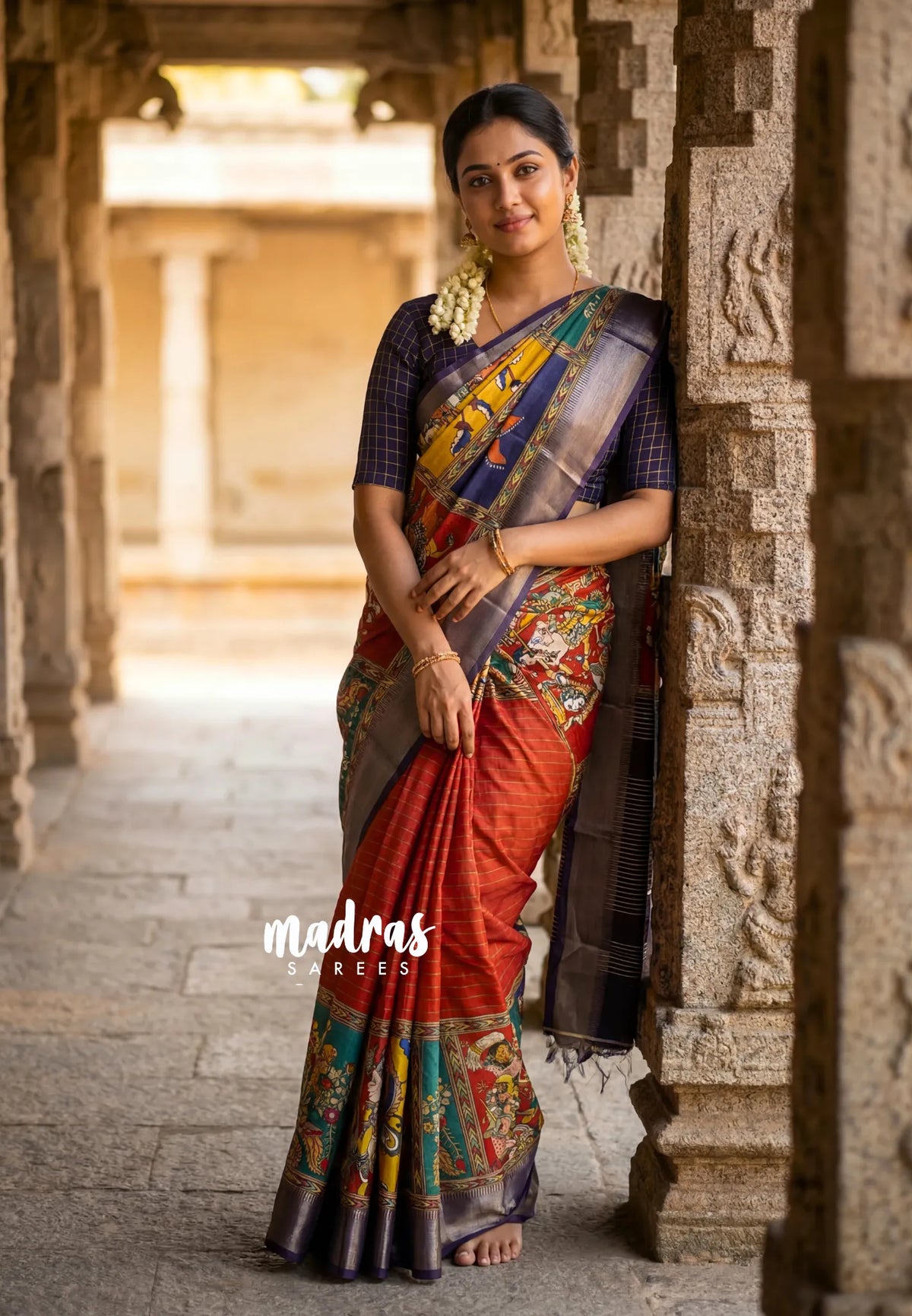 Rangoli Brick Red - Ananya - Soft Mangalore Silk Saree with Kalamkari Prints Partly Pallu - Best for small function