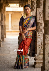 Rangoli Brick Red - Ananya - Soft Mangalore Silk Saree with Kalamkari Prints Partly Pallu - Best for small function
