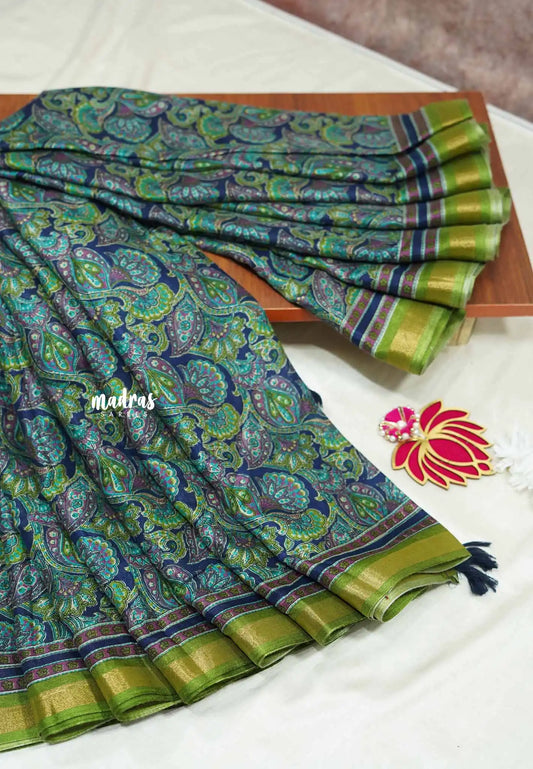 Multicolor with green border and blouse - Ananya - Soft Mangalore silk
