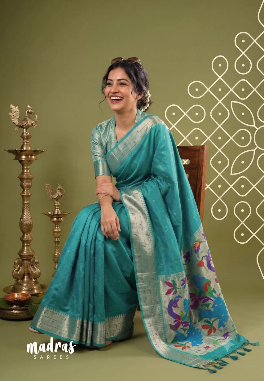 Aqua Green - Manjari - Raw Silk Premium Paithani Weaving Border and Pallu - Best for Small Functions | Pooja | Reception