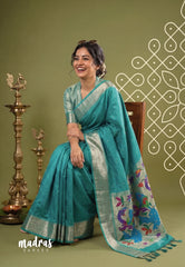 Aqua Green - Manjari - Raw Silk Premium Paithani Weaving Border and Pallu - Best for Small Functions | Pooja | Reception