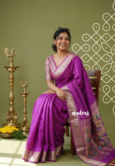 Magenta Purple - Manjari - Raw Silk Premium Paithani Weaving Border and Pallu - Best for Small Functions | Pooja | Reception