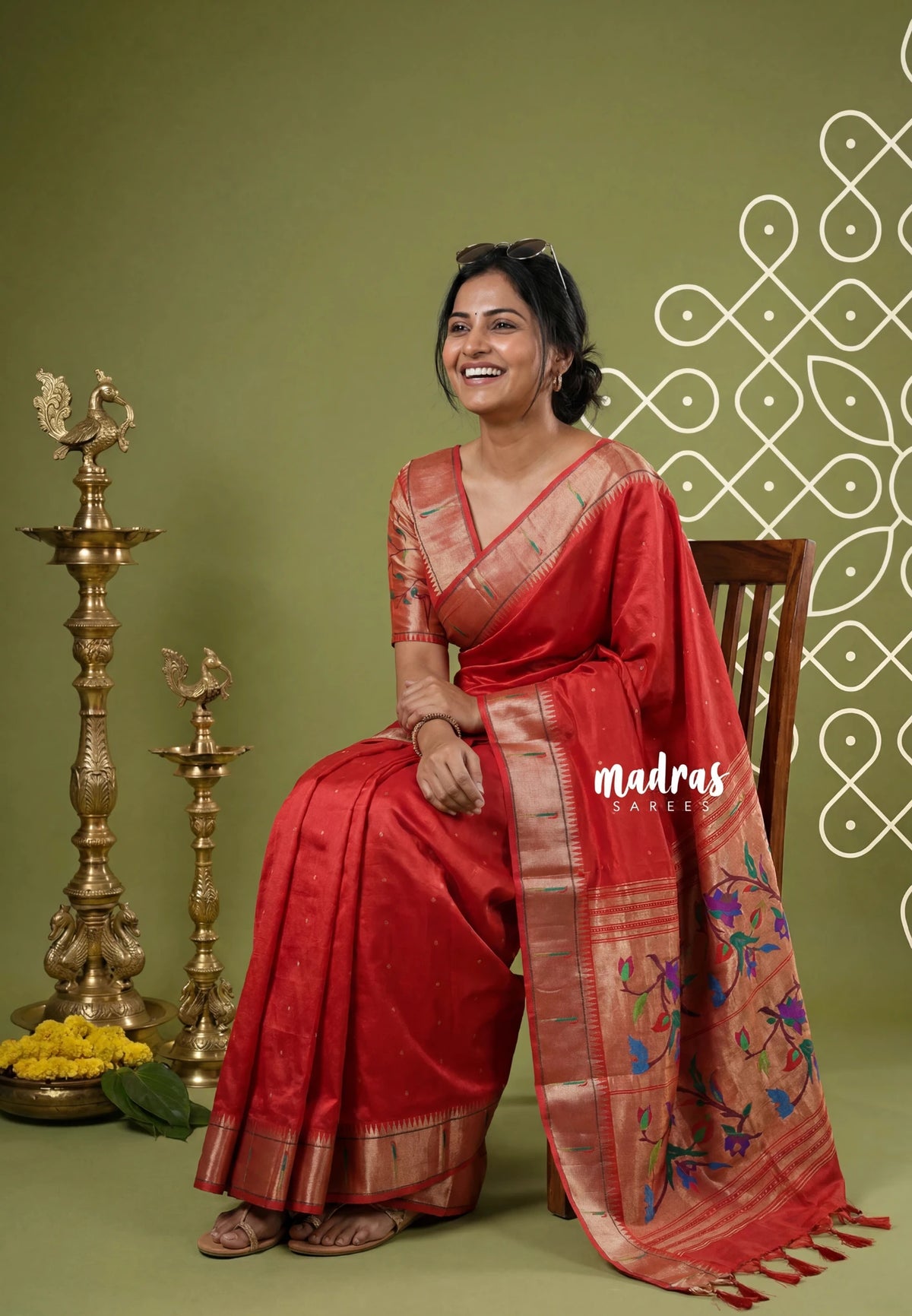 Spicy Red - Manjari - Raw Silk Premium Paithani Weaving Border and Pallu - Best for Small Functions | Pooja | Reception (Copy)
