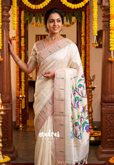 Creamy Ivory - Manjari - Raw Silk Saree Paithani Weaving Pallu and Border with Buttas - Best for Small Functions