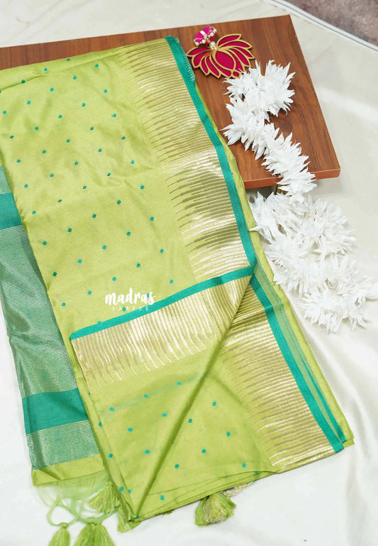 Pastel Green - Manjari - Premium raw silk with full weaving buttas body
