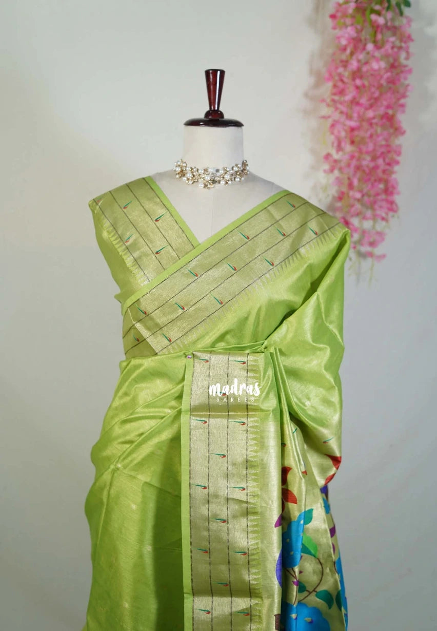 Light Lime Green - Manjari - Raw Silk Premium Paithani Weaving Border and Pallu - Best for Pooja Functions | Reception