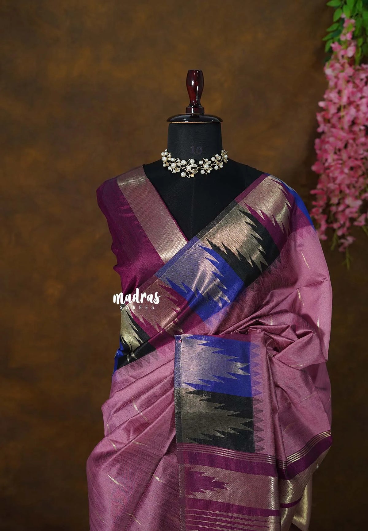 Onion Pink - Manjari - Raw silk with Traditional Temple Border - Best for Small Functions | Pooja | Sabha katcheri
