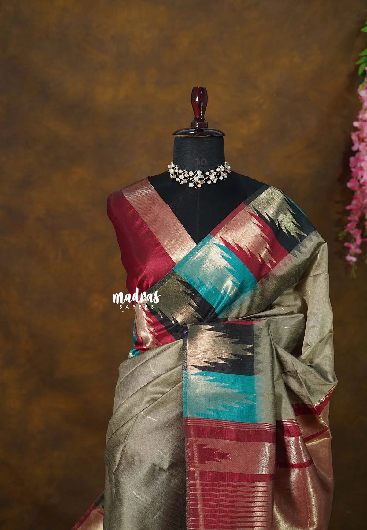 Taupe Grey - Manjari - Raw silk with Traditional Temple Border - Best for Small Functions | Pooja | Sabha katcheri