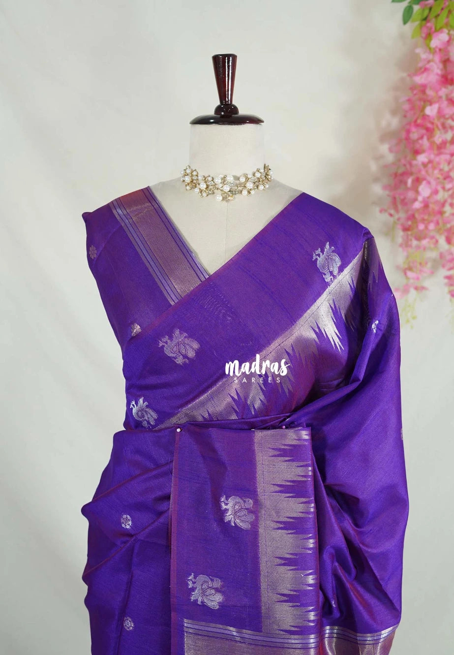 Dual Shade Purple - Manjari - Raw Silk with Gap Temple Border - Best for Diwali Festive | Temple Visit