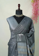 Jet Grey - Manjari - Raw Silk Saree Ikkat Weaving with Pallu and Blouse - Best for Small Functions