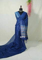 indigo Blue - Manjari - Raw Silk Saree Ikkat Weaving with Pallu and Blouse - Best for Small Functions