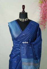 indigo Blue - Manjari - Raw Silk Saree Ikkat Weaving with Pallu and Blouse - Best for Small Functions