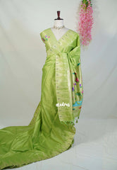 Pastel Lime Green - Manjari - Raw Silk Premium Paithani Weaving border and work Blouse  - Best for Small Functions | Pooja