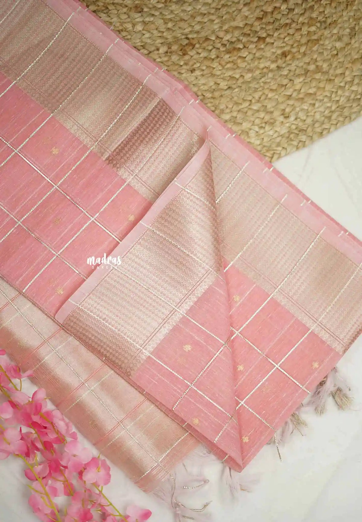 Manjari - Soft raw silk with thread checks weaving - Pastel Pink