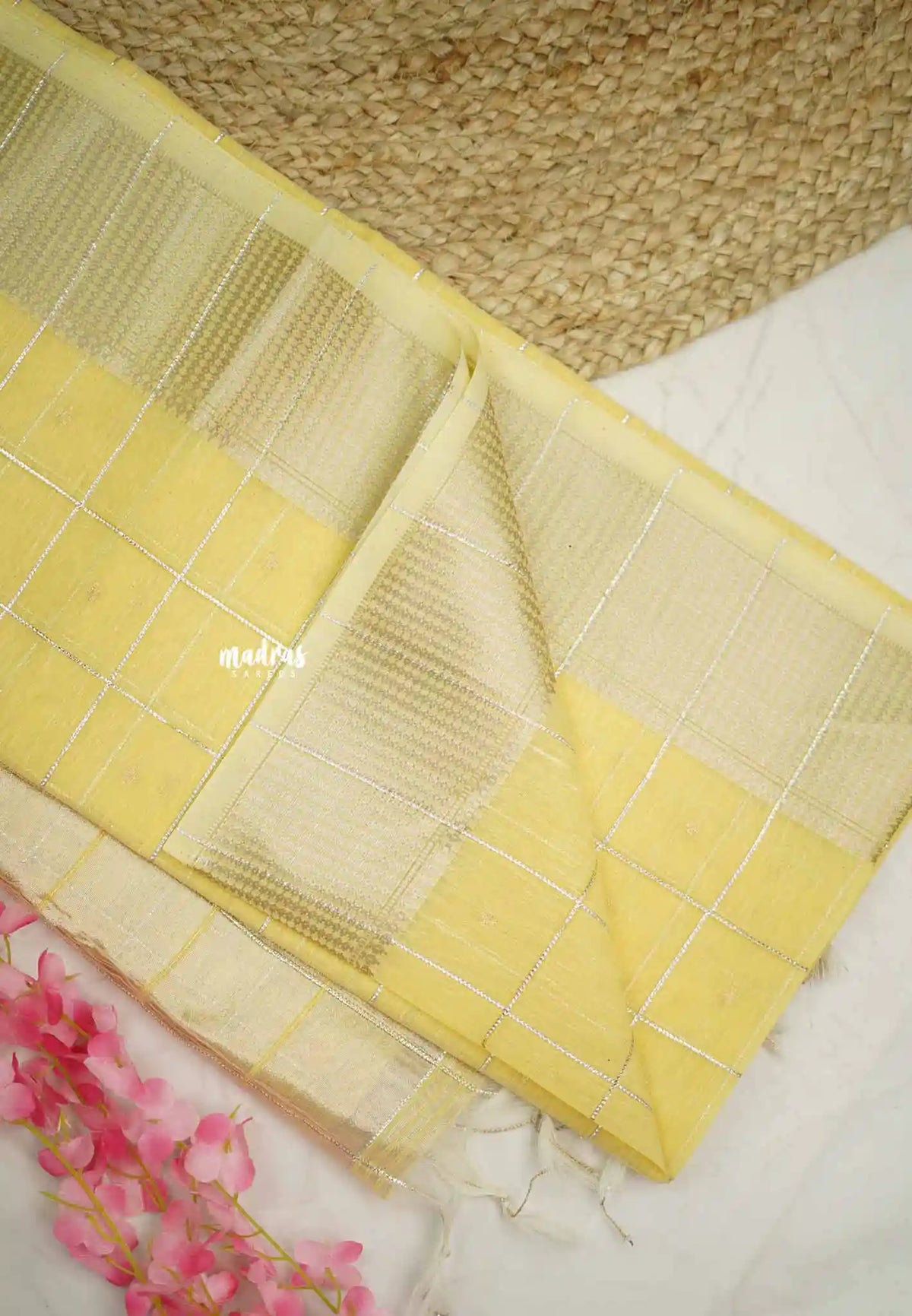 Manjari - Soft raw silk with thread checks weaving - Pastel Yellow