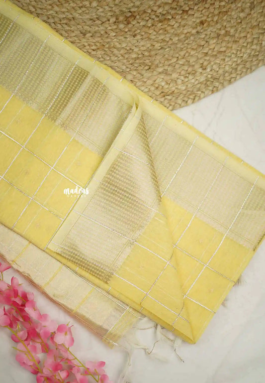 Manjari - Soft raw silk with thread checks weaving - Pastel Yellow