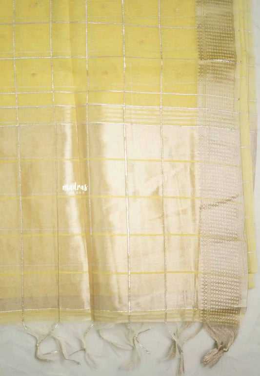 Manjari - Soft raw silk with thread checks weaving - Pastel Yellow