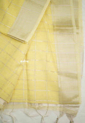 Manjari - Soft raw silk with thread checks weaving - Pastel Yellow