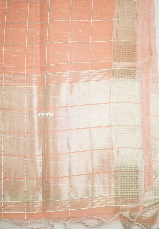 Manjari - Soft raw silk with thread checks weaving - Pastel Peach