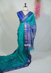 Aqua Green - Manjari - Raw Silk Saree with Yannai Border and Buttas - Best for Small Functions