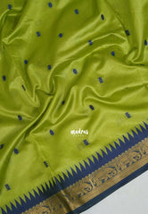 Pretty Parrot Green - Manjari - Raw Silk Saree with Yannai Border and Buttas - Best for Small Functions