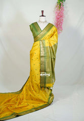 Greenish Yellow - Manjari - Raw Silk Saree with Yannai Border and Buttas - Best for Small Functions