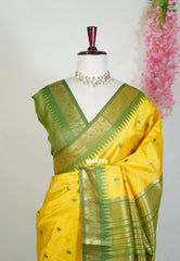 Greenish Yellow - Manjari - Raw Silk Saree with Yannai Border and Buttas - Best for Small Functions