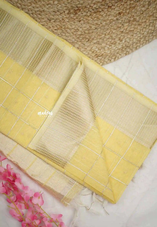 Manjari - Soft raw silk with thread checks weaving - Pastel Yellow