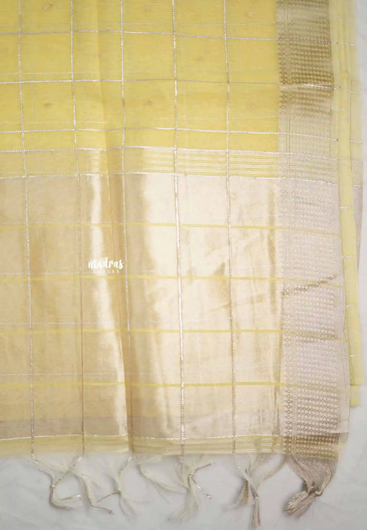 Manjari - Soft raw silk with thread checks weaving - Pastel Yellow