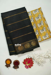 Black & yellow - Margazhi - Madurai Sungudi velthari pattern with peacock border Double Blouse Combo - Best for Small Functions