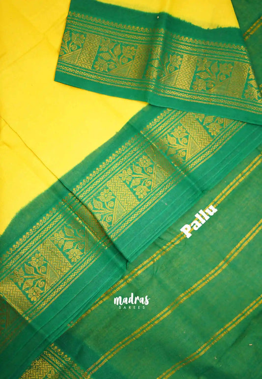 Margazhi Sungudi plain with traditional zari border - Neon yellow with green  border