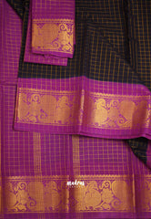 Margazhi Sungudi checks Blue with Magenta Tradiotional gold peacock border with blouse