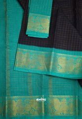 Margazhi Sungudi checks Blue with Teal Tradiotional gold peacock border with blouse - VaniBhojan