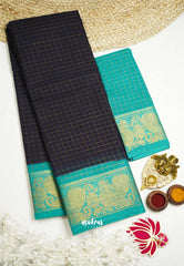 Margazhi Sungudi checks Blue with Teal Tradiotional gold peacock border with blouse - VaniBhojan