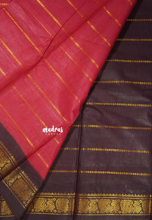 Brick red with brown - Margazhi - Madurai Sungudi velthari pattern peacock 1 border