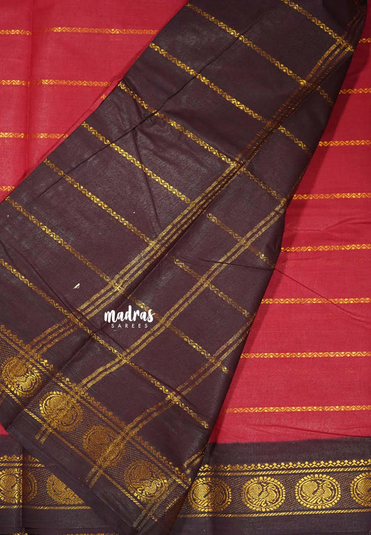 Brick red with brown - Margazhi - Madurai Sungudi velthari pattern round peacock border