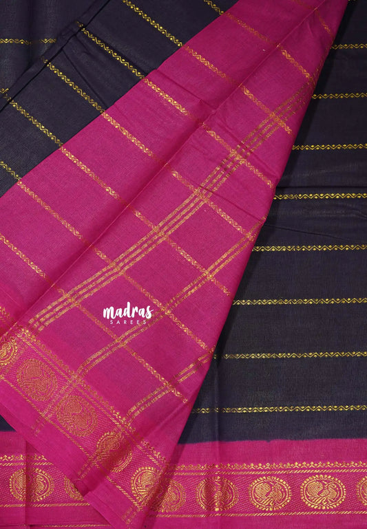 Dark Jamun with pink - Margazhi - Madurai Sungudi velthari pattern round peacock border