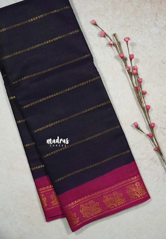 Navy Blue with Pink - Margazhi - Madurai Sungudi velthari pattern flower with peacock border