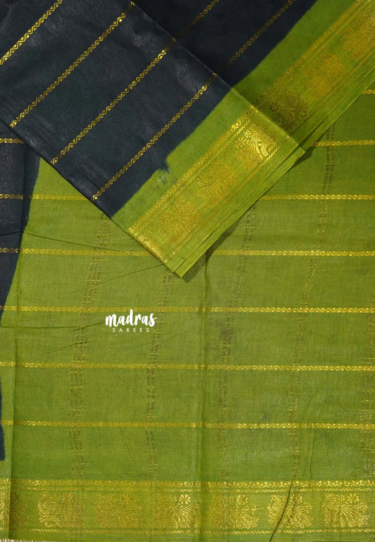 Black with Green - Margazhi - Madurai Sungudi velthari pattern flower with peacock border