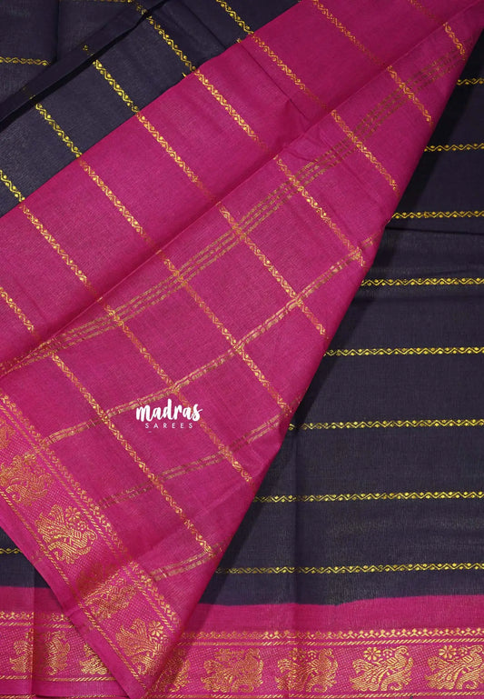 Navy Blue with Pink - Margazhi - Madurai Sungudi velthari pattern flower with peacock border