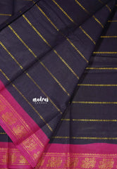 Navy Blue with Pink - Margazhi - Madurai Sungudi velthari pattern flower with peacock border