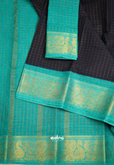 Margazhi Sungudi checks Blue with Teal Tradiotional gold peacock border with blouse - VaniBhojan