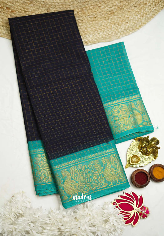 Margazhi Sungudi checks Blue with Teal Tradiotional gold peacock border with blouse - VaniBhojan